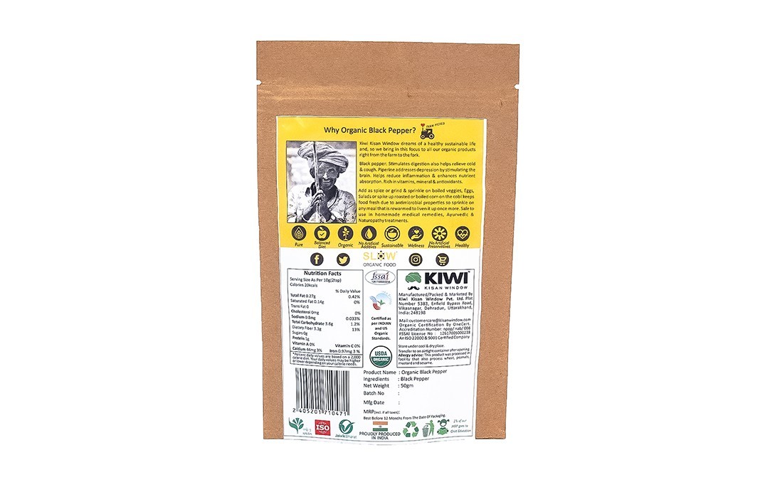 Kiwi Kisan Window Organic Black Pepper Whole    Pack  50 grams